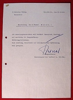 Original SS Signature of Generalmajor der Waffen SS Felix Steiner on Personnel Evaluation Document...$225 SOLD