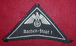 Nazi Red Cross "Aachen-Stadt 1" Sleeve Eagle/Swastika Triangle Patch...$110 SOLD