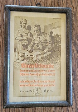 Nazi 1934/35 Winterhilfswerk Honor Award Certificate in Original Frame...$195 SOLD