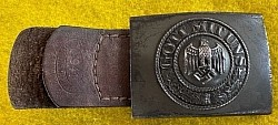 Nazi Army EM Steel Combat Belt Buckle with Leather Tab Maker-Marked 