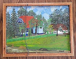 Original WWII German Oil Painting of an Army Infantry EM by Heil. Oil Painting of German Cottage Scene by Schott on Reverse Side...$130 SOLD